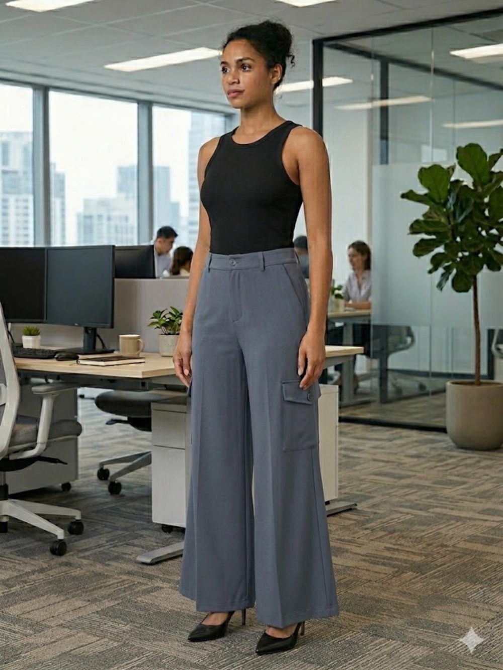 Halara High Waisted Side Flap Pocket Wide Leg Cargo Pants - Blue/Gray - Medium